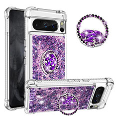 Funda Silicona Carcasa Goma Bling-Bling con Anillo de dedo Soporte S01 para Google Pixel 8 Pro 5G Morado