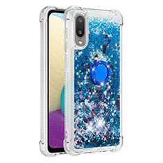 Funda Silicona Carcasa Goma Bling-Bling con Anillo de dedo Soporte S01 para Samsung Galaxy A02 Azul