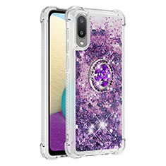 Funda Silicona Carcasa Goma Bling-Bling con Anillo de dedo Soporte S01 para Samsung Galaxy A02 Morado