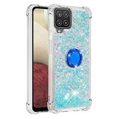 Funda Silicona Carcasa Goma Bling-Bling con Anillo de dedo Soporte S01 para Samsung Galaxy A12 5G Azul Cielo