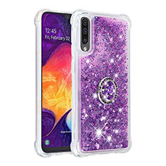 Funda Silicona Carcasa Goma Bling-Bling con Anillo de dedo Soporte S01 para Samsung Galaxy A30S Morado