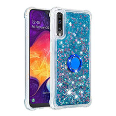 Funda Silicona Carcasa Goma Bling-Bling con Anillo de dedo Soporte S01 para Samsung Galaxy A50 Azul