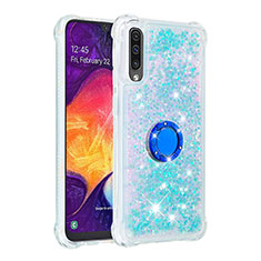 Funda Silicona Carcasa Goma Bling-Bling con Anillo de dedo Soporte S01 para Samsung Galaxy A50 Azul Cielo