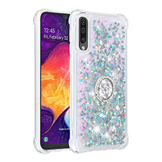 Funda Silicona Carcasa Goma Bling-Bling con Anillo de dedo Soporte S01 para Samsung Galaxy A50 Plata