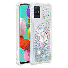 Funda Silicona Carcasa Goma Bling-Bling con Anillo de dedo Soporte S01 para Samsung Galaxy A51 4G Plata