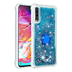 Funda Silicona Carcasa Goma Bling-Bling con Anillo de dedo Soporte S01 para Samsung Galaxy A70 Azul