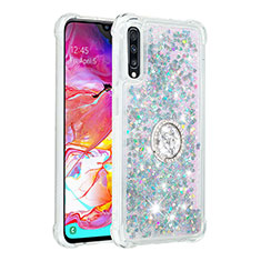 Funda Silicona Carcasa Goma Bling-Bling con Anillo de dedo Soporte S01 para Samsung Galaxy A70S Plata