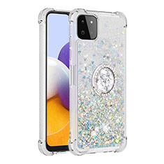 Funda Silicona Carcasa Goma Bling-Bling con Anillo de dedo Soporte S01 para Samsung Galaxy F42 5G Plata