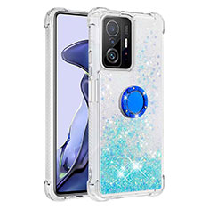 Funda Silicona Carcasa Goma Bling-Bling con Anillo de dedo Soporte S01 para Xiaomi Mi 11T 5G Azul Cielo