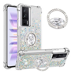 Funda Silicona Carcasa Goma Bling-Bling con Anillo de dedo Soporte S01 para Xiaomi Poco F5 Pro 5G Azul Cielo