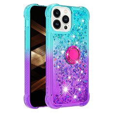 Funda Silicona Carcasa Goma Bling-Bling con Anillo de dedo Soporte S02 para Apple iPhone 14 Pro Azul Cielo