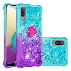 Funda Silicona Carcasa Goma Bling-Bling con Anillo de dedo Soporte S02 para Samsung Galaxy A02 Azul Cielo