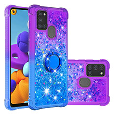 Funda Silicona Carcasa Goma Bling-Bling con Anillo de dedo Soporte S02 para Samsung Galaxy A21s Morado