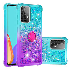 Funda Silicona Carcasa Goma Bling-Bling con Anillo de dedo Soporte S02 para Samsung Galaxy A52 5G Azul Cielo