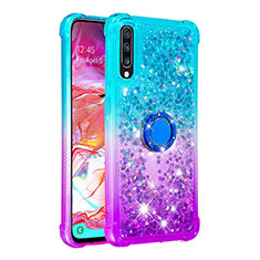 Funda Silicona Carcasa Goma Bling-Bling con Anillo de dedo Soporte S02 para Samsung Galaxy A70 Azul Cielo