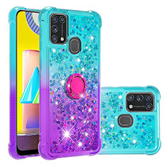 Funda Silicona Carcasa Goma Bling-Bling con Anillo de dedo Soporte S02 para Samsung Galaxy M31 Prime Edition Azul Cielo