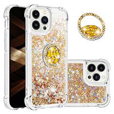 Funda Silicona Carcasa Goma Bling-Bling con Anillo de dedo Soporte S03 para Apple iPhone 14 Pro Oro