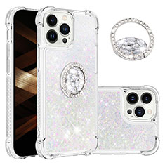 Funda Silicona Carcasa Goma Bling-Bling con Anillo de dedo Soporte S03 para Apple iPhone 15 Pro Max Plata