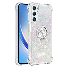 Funda Silicona Carcasa Goma Bling-Bling con Anillo de dedo Soporte YB1 para Samsung Galaxy A24 4G Plata