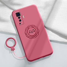 Funda Silicona Carcasa Ultrafina Goma con Magnetico Anillo de dedo Soporte A01 para Vivo X50 5G Rojo Rosa