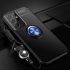 Funda Silicona Carcasa Ultrafina Goma con Magnetico Anillo de dedo Soporte A05 para Samsung Galaxy S22 Ultra 5G Azul y Negro