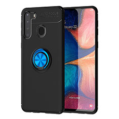 Funda Silicona Carcasa Ultrafina Goma con Magnetico Anillo de dedo Soporte JM1 para Samsung Galaxy A21 Azul y Negro