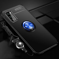 Funda Silicona Carcasa Ultrafina Goma con Magnetico Anillo de dedo Soporte para Huawei Honor V30 5G Azul y Negro