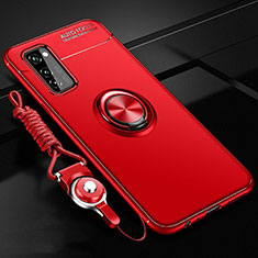 Funda Silicona Carcasa Ultrafina Goma con Magnetico Anillo de dedo Soporte para Huawei Honor V30 5G Rojo