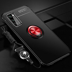 Funda Silicona Carcasa Ultrafina Goma con Magnetico Anillo de dedo Soporte para Huawei Honor V30 5G Rojo y Negro