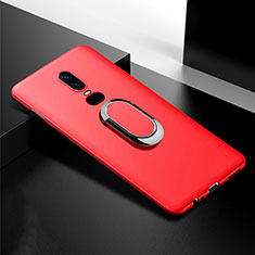 Funda Silicona Carcasa Ultrafina Goma con Magnetico Anillo de dedo Soporte para OnePlus 6T Rojo