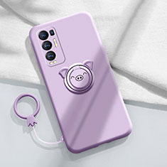 Funda Silicona Carcasa Ultrafina Goma con Magnetico Anillo de dedo Soporte para Oppo Reno5 Pro+ Plus 5G Purpura Claro