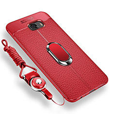 Funda Silicona Carcasa Ultrafina Goma con Magnetico Anillo de dedo Soporte para Samsung Galaxy C9 Pro C9000 Rojo