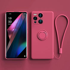 Funda Silicona Carcasa Ultrafina Goma con Magnetico Anillo de dedo Soporte S01 para Oppo Find X3 Pro 5G Rosa Roja