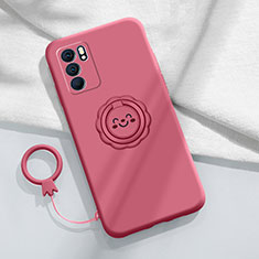 Funda Silicona Carcasa Ultrafina Goma con Magnetico Anillo de dedo Soporte S02 para Oppo Reno6 5G Rosa Roja