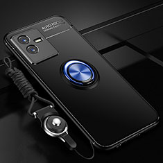 Funda Silicona Carcasa Ultrafina Goma con Magnetico Anillo de dedo Soporte SD3 para Vivo iQOO Z6x Azul y Negro
