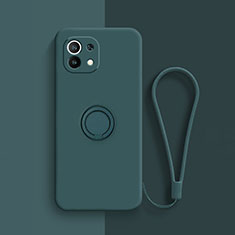 Funda Silicona Carcasa Ultrafina Goma con Magnetico Anillo de dedo Soporte T01 para Xiaomi Mi 11 Lite 4G Verde