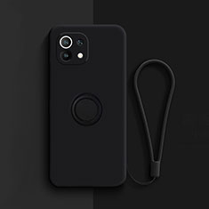 Funda Silicona Carcasa Ultrafina Goma con Magnetico Anillo de dedo Soporte T01 para Xiaomi Mi 11 Lite 5G NE Negro