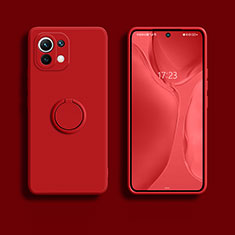 Funda Silicona Carcasa Ultrafina Goma con Magnetico Anillo de dedo Soporte T02 para Xiaomi Mi 11 Lite 5G NE Rojo