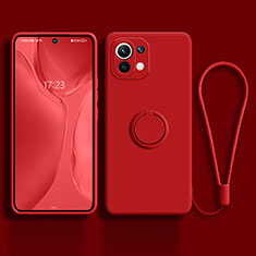 Funda Silicona Carcasa Ultrafina Goma con Magnetico Anillo de dedo Soporte T03 para Xiaomi Mi 11 Lite 5G NE Rojo