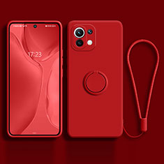 Funda Silicona Carcasa Ultrafina Goma con Magnetico Anillo de dedo Soporte T03 para Xiaomi Mi 11 Lite 5G Rojo