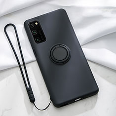 Funda Silicona Carcasa Ultrafina Goma con Magnetico Anillo de dedo Soporte T04 para Huawei Honor V30 5G Negro