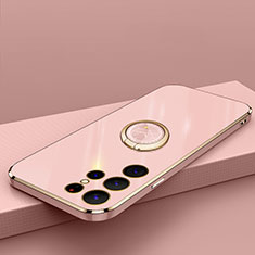 Funda Silicona Carcasa Ultrafina Goma con Magnetico Anillo de dedo Soporte T04 para Samsung Galaxy S22 Ultra 5G Oro Rosa