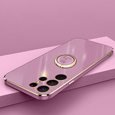 Funda Silicona Carcasa Ultrafina Goma con Magnetico Anillo de dedo Soporte T04 para Samsung Galaxy S24 Ultra 5G Morado