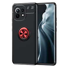 Funda Silicona Carcasa Ultrafina Goma con Magnetico Anillo de dedo Soporte T04 para Xiaomi Mi 11 Lite 5G NE Rojo y Negro