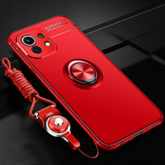 Funda Silicona Carcasa Ultrafina Goma con Magnetico Anillo de dedo Soporte T05 para Xiaomi Mi 11 5G Rojo