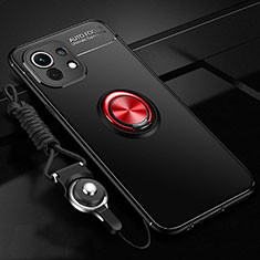 Funda Silicona Carcasa Ultrafina Goma con Magnetico Anillo de dedo Soporte T05 para Xiaomi Mi 11 Lite 4G Rojo y Negro