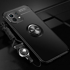 Funda Silicona Carcasa Ultrafina Goma con Magnetico Anillo de dedo Soporte T05 para Xiaomi Mi 11 Lite 5G NE Negro