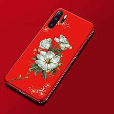 Funda Silicona Gel Goma Flores Carcasa para Huawei P30 Pro New Edition Rojo Rosa