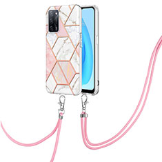 Funda Silicona Gel Goma Patron de Moda Carcasa con Acollador Cordon Lanyard Y01B para Oppo A55 5G Rosa