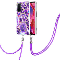 Funda Silicona Gel Goma Patron de Moda Carcasa con Acollador Cordon Lanyard Y01B para Oppo A74 5G Morado